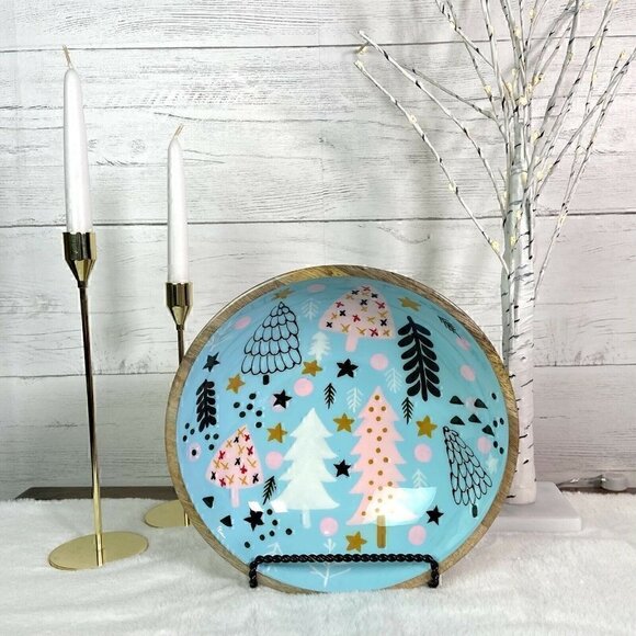 NEW Handpainted Mango Wood Scandinavian Style Christmas Serving Bowl - Picture 3 of 5